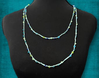 Crocheted Glass Beaded Infinity Necklace Wrap Teal Blue Tropical Beach Water Inspired Extra Long
