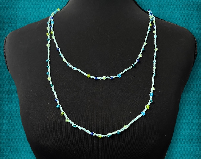 Crocheted Glass Beaded Infinity Necklace Wrap Teal Blue Tropical Beach Water Inspired Extra Long
