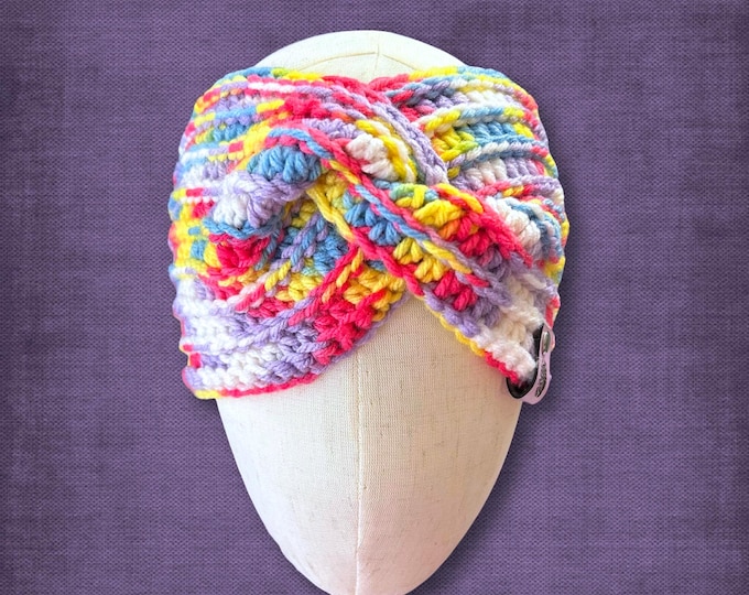 Adult M/L Ear Warmer Knotted Crocheted Winter Headband Multicolor Yellow White Purple Pink
