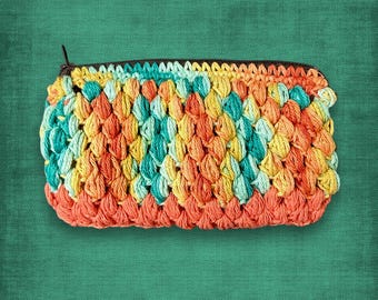 Crochet Autumn Leaf Clutch Small Orange & Green Fall Zipper Purse