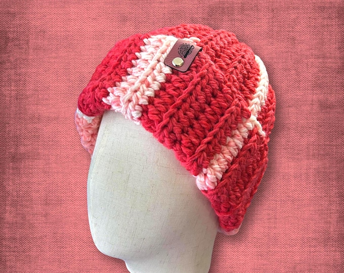 Adult L/XL Pink Red White Tan Hat Soft Thick Winter Beanie Plus Size