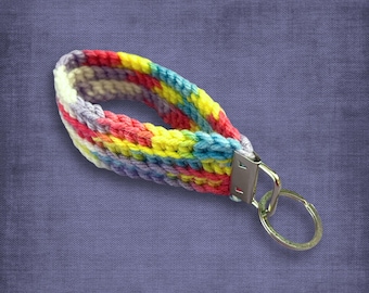 Pastel Keychain Crocheted Wristlet White Yellow Purple Blue Red Multicolor and Silver Hardware