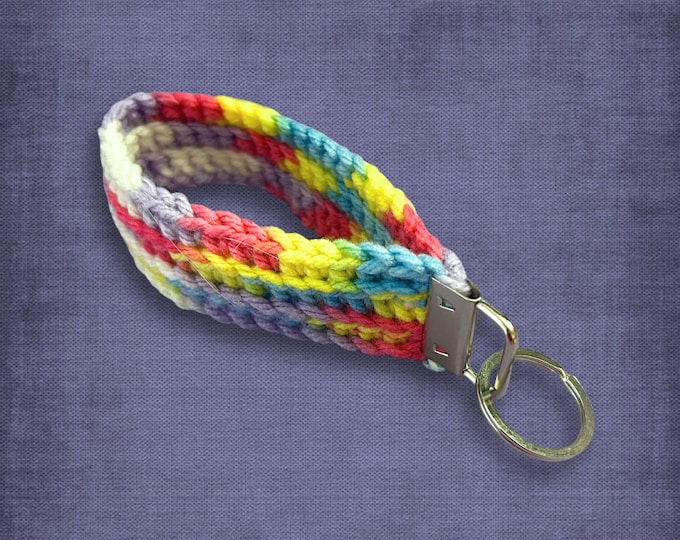 Pastel Keychain Crocheted Wristlet White Yellow Purple Blue Red Multicolor and Silver Hardware