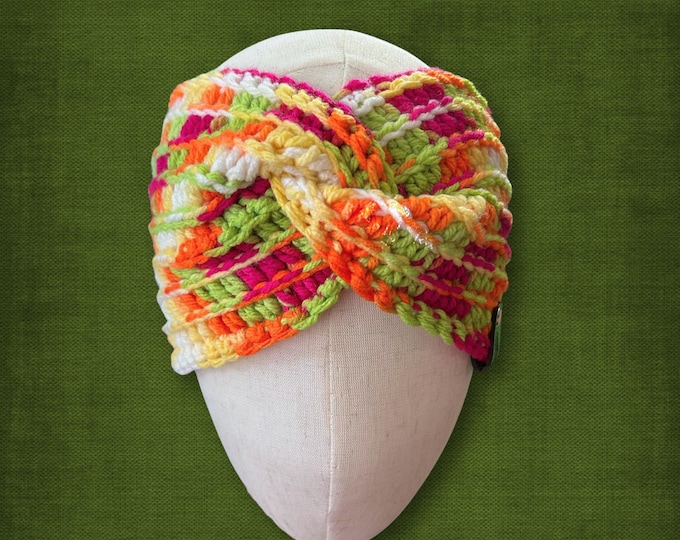 Adult S/M Ear Warmer Crocheted Knotted Headband for Winter Multicolor Yellow Green Orange Pink