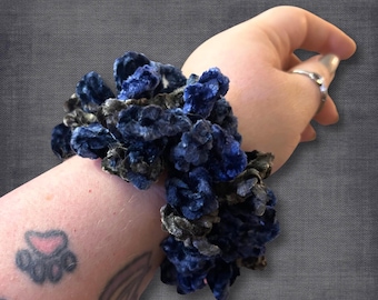 Blue Jean Crushed Velvet Scrunchie Soft Yarn Crocheted Accessory Hair Tie Acid Wash Gray