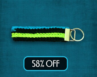 Neon Keychain Wristlet Crocheted Teal Blue Bright Green Black New Drivers License Gift