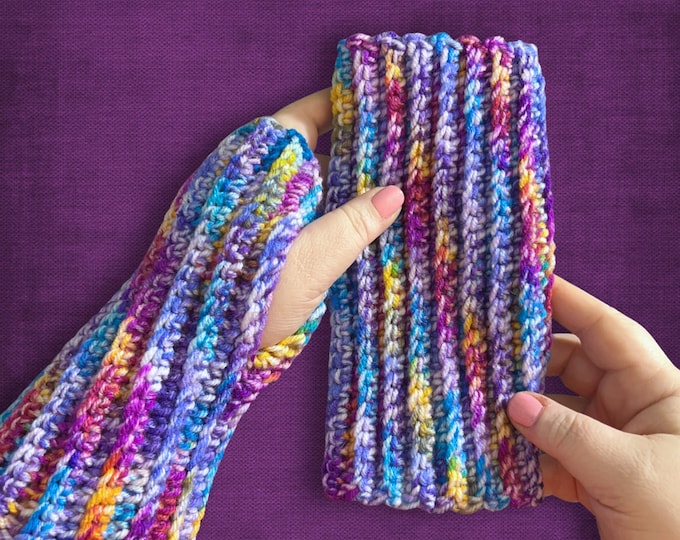 L/XL Wrist Warmers Purple Blue Multicolor Crocheted Fingerless Gloves For Large Hands