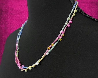 Infinity Necklace Pastel Multicolor Crocheted Cotton Pink Blue Yellow Glass Beads