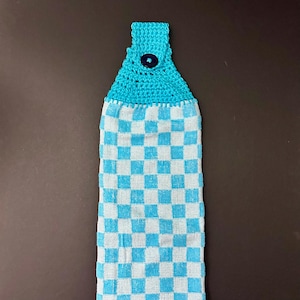Oven Door Hanging Kitchen Towel • Crocheted Yarn Top Towel • Aqua Blue Kitchen Towel • Summer Kitchen Decor • Soft Cotton Kitchen Towel