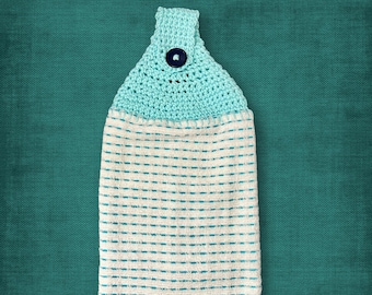 Retro Oven Door Hanging Crocheted Top Light Blue and White Striped Kitchen Towel