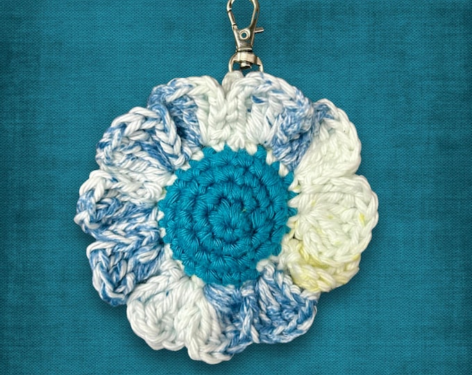 Flower Keychain Blue Bag Charm Crochet Cotton Floral Gift Soft Purse Clip