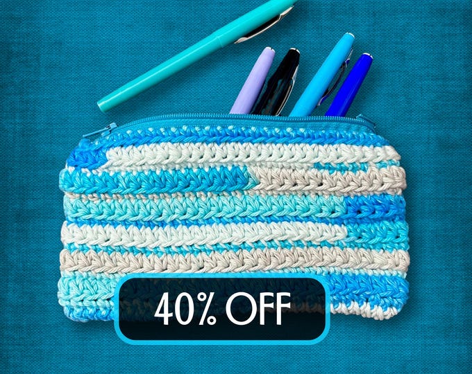 Beachy Blue Pouch Crochet Cotton Clutch Small with Zipper Vacation Purse