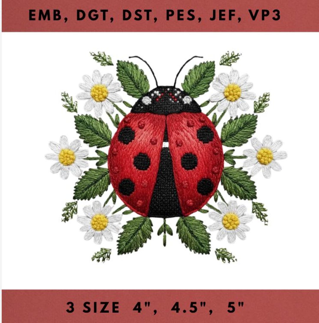 Cottagecore Ladybug Embroidery File Floral Daisy Beetle Stitch Pattern ...