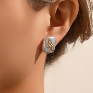 DIY Silvery White Pearl Stud Earrings Handmade Baroque Pearl Studs Elegant Jewelry Gift M-M1010