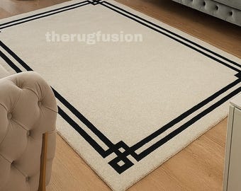 Minimalist Beige Tufted Rug with Black Geometric Border – Modern Classic Design