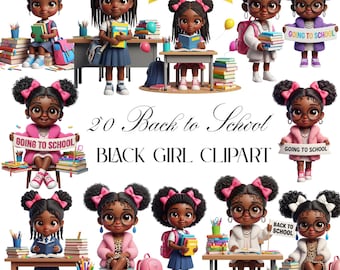 Back to School Black Girl Clipart , Afro Girl PNG , School Supplies Clipart , Little Black Girl with Books PNG, Cute Back to School Clipart