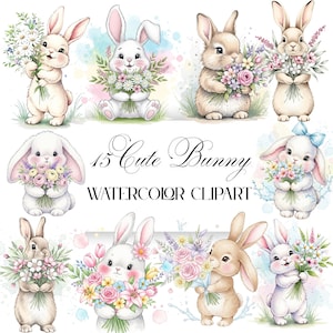 15 Bunnies Clipart Bundle, Bunnies with Flowers PNGs, Watercolor Rabbit Stickers, Cute Bunny Clipart, Easter Bunny PNGs ,Digital Download