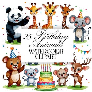 Bundle anniversaire animaux PNG, 25 cliparts safari aquarelle, fête d'enfants, bébés animaux du zoo de la jungle, décorations d'anniversaire, téléchargement immédiat