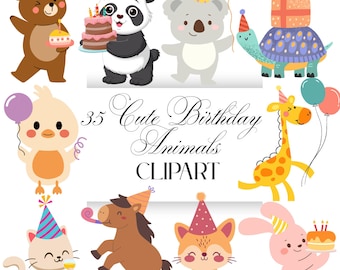 Cute Birthday Animals PNG Bundle, Baby Birthday Party Clipart, Safari Woodland Zoo Animals, Commercial use, Digital Download, Digital Craft