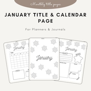 Página de título de enero / Copos de nieve I Portada mensual / Página de título del diario / Portada del diario de enero / Planificador imprimible / Calendario imprimible