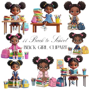 Back to School Black Girl PNG , melanin-rich Afro girls with School Supplies , Little Afro Girl with Books clipart ,1st/2nd/3rd grade Pngs