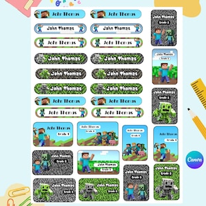 Editable Name Labels Canva Template,Minecraft School Labels Editable Canva Template, Back to School Name Labels,School Name Stickers for Kid