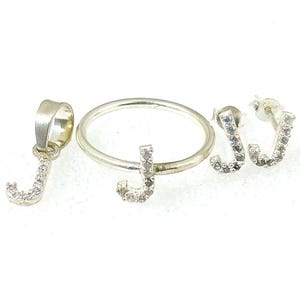 Handmade Diamond Ring, Earring And Pendant Jewelry Set, Beautiful ''J'' Letter Jewelry Set, 925 Sterling Silver Initial Custom Jewelry