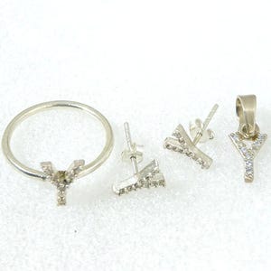 Conjunto de joias com anel, brinco e pingente de diamante feito à mão, lindo conjunto de joias com a letra "Y", joias personalizadas com iniciais de prata esterlina 925