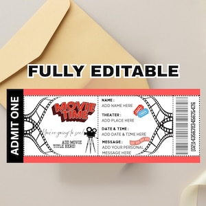 Printable MOVIE Gift Tickets. Cinema Themed Gift Reveal Ticket. Printable Boarding Pass. Instant Download. Movie Ticket Birthday Party