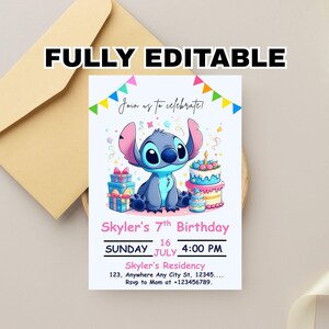 Stitch Birthday Invitation, Editable & Printable Template Cute Stitch Party Invite, Canva Template Instant Download, Self Editable Invite