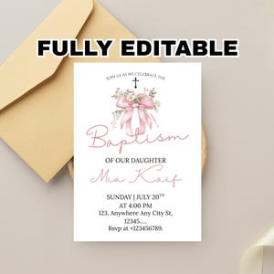 Boho roze bloemen boog doopsel uitnodiging sjabloon, flirt bloem elegante doop uitnodiging, luxe doop digitale uitnodiging, roze roos