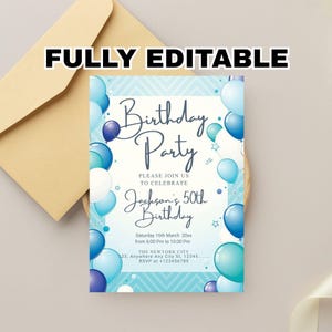 Balloon Birthday Invitation, Birthday Invitation, Balloon Party Invite Template, watercolor rainbow invitation, Party Invite, Canva Editable