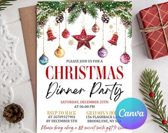 Christmas Party Invitation, Retro Christmas dinner invitation template, Christmas party Holiday party invite, Holiday dinner invite