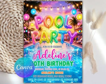 May include: A rectangular invitation card featuring a swimming pool at sunset with hanging string lights and colorful balloon letters spelling POOL PARTY. Text includes Adeline's 10th Birthday, Saturday, October 25th, at 09:00 PM, Adeline's House, 1787 Broadway Street, San Diego, TX 2738, and RSVP to Mack at 2378534529 by October 5th.