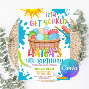 Water Balloon Invitation, Water Balloon Birthday Bash, Soaked Water Fight Splash Party DIGITAL Printable Editable Invite, Let&#39;s Get Soaked