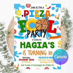 Editable Pizza Pool Party Invitation, Pizza Pool Party Birthday, Pizza and Pool Party Invite, Boy Pool Party, Pizza Swimming Party