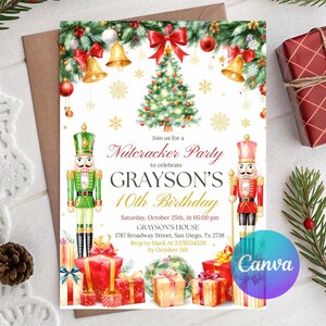 May include: A festive invitation for a Nutcracker-themed 10th birthday party. The design features a Christmas tree, ornaments, and nutcracker figures. The invitation includes party details and RSVP information.