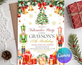 May include: A Christmas-themed birthday party invitation with a Nutcracker theme. The design includes a Christmas tree, decorations, and nutcracker figures. The invitation includes party details and RSVP information.