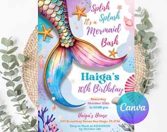 Meerjungfrau-Geburtstags-Einladung, Mermaid Bash unter dem Meer-Geburtstag einladen, Mermaid lädt ein, bearbeitbares Canva