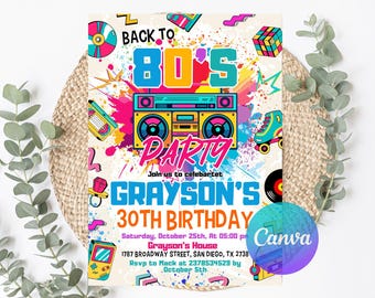 Editable 80s Birthday Invitation, Neon Throwback Party (Digital Art)