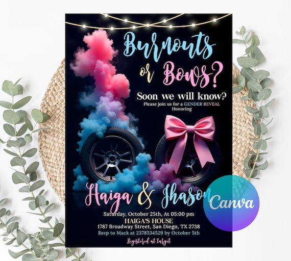 Editable Burnouts or Bows Gender Reveal Baby Shower Invitation, Boy or Girl, He or She Gender Reveal Invite, Burnouts or Bows Invitation