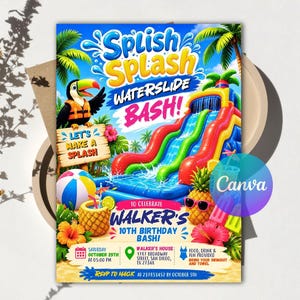 Splish Splash Water Slide Bash Birthday Invitation, Pool Party Theme Party Summer Splash Theme Party, Editable Canva Template