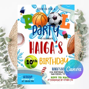 Op de afbeelding: Een kleurrijke uitnodiging voor een zwembadfeest met de tekst "Pool Party" en "Haiga's Birthday". Het ontwerp bevat een basketbal, een voetbal, een honkbal, een American football en een tennisbal. De uitnodiging bevat ook de datum, tijd en RSVP-informatie.