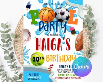 Sport Birthday Invitation, Sport Pool Party, Editable Sport party, Boy Sports Summer Birthday Invite, Digital Template Canva