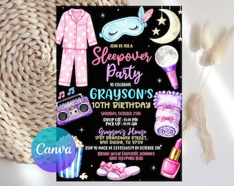 Sleepover Birthday Invitation, Neon Sleepover Invitation, Slumber Party, Canva Editable