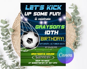 Invitación de cumpleaños de fútbol editable: Plantilla imprimible de fútbol de Evita (Plantilla digital de Canva, descarga instantánea)