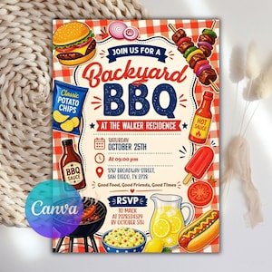 May include: A rectangular invitation card for a Backyard BBQ at the Walker residence on 25th October at 9:00 pm, located at 1787 Broadway Street, San Diego, TX. The design features illustrations of a burger, crisps, skewers, hot sauce, BBQ sauce, a lolly, lemonade, and a hot dog.