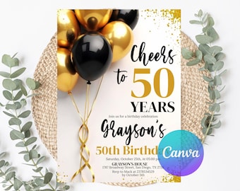 50th Birthday Invitation, 50th Invite, Gold Black Birthday Invite, Any Age Adult Birthday Invite, Printable Digital Editable Canva Template