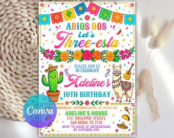 Three-esta Party Invitaion For A Girl Three-esta Birthday Invitation, Fiesta Invitation, Adios dos Mexican invitation, Canva Template