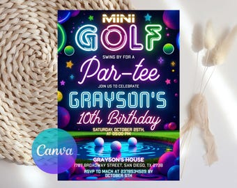 Mini Golf Birthday Invitation, Glow Party, Editable Canva (Digital Download)